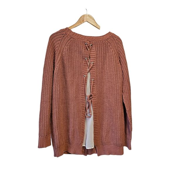 Pol Anthropologie Cable Knit Cardigan‎ Sweater Lace Up Back Sheer Liner LARGE - Picture 4 of 4